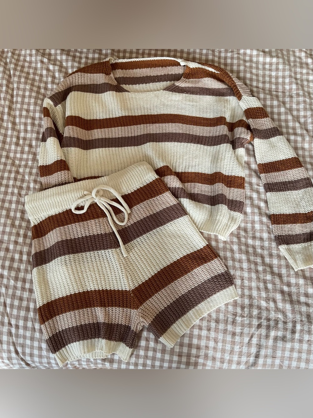 Shein Cozy Striped Knit Lounge Set in Cream, Brown & Pink